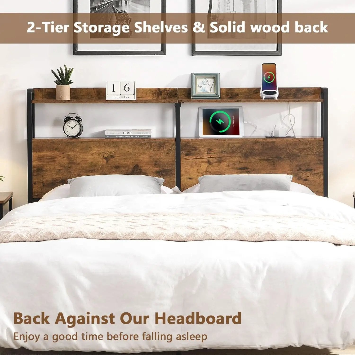 Queen Size Headboard with Storage and Charging Station from PriceLows™