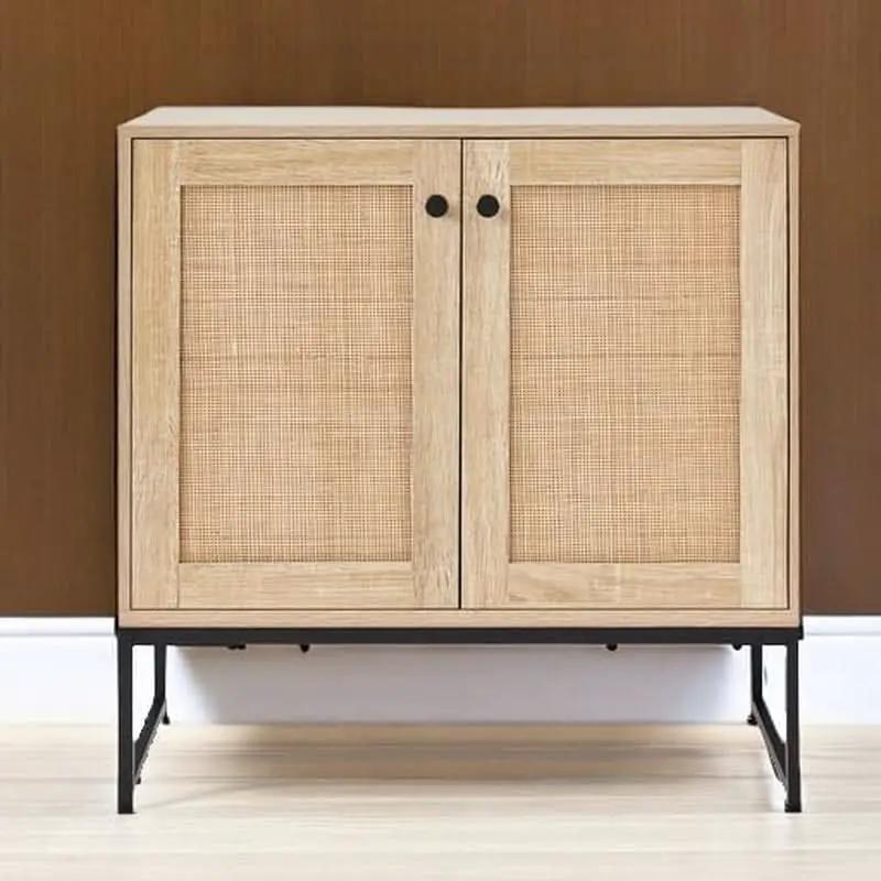 Two Door Rattan Storage Cabinet Natural Finish With Non Scratch Foot Pads For Living Room Hallway Kitchen from PriceLows™