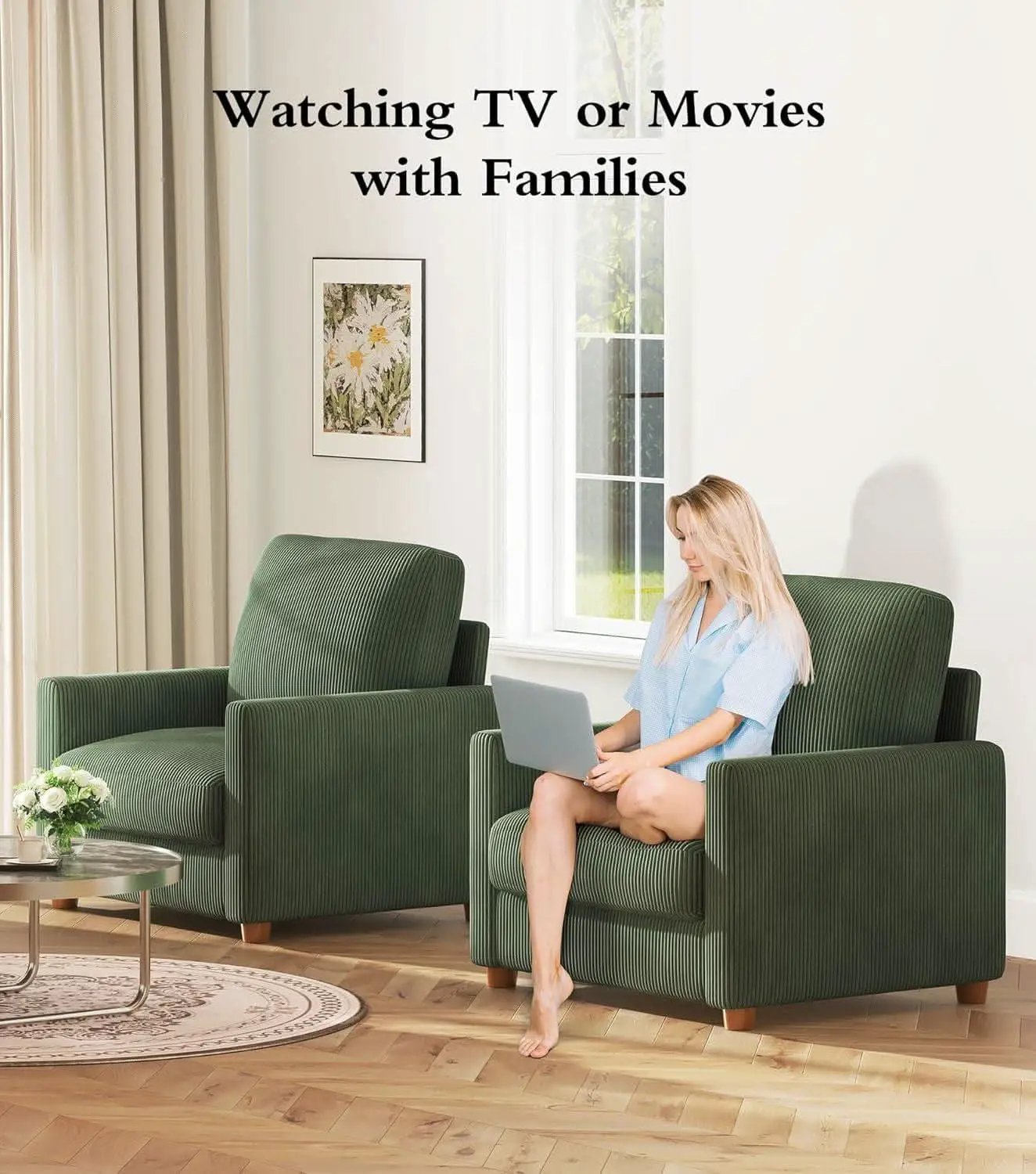 Green Corduroy Accent Chair With 22 Inch Deep Seat from PriceLows™