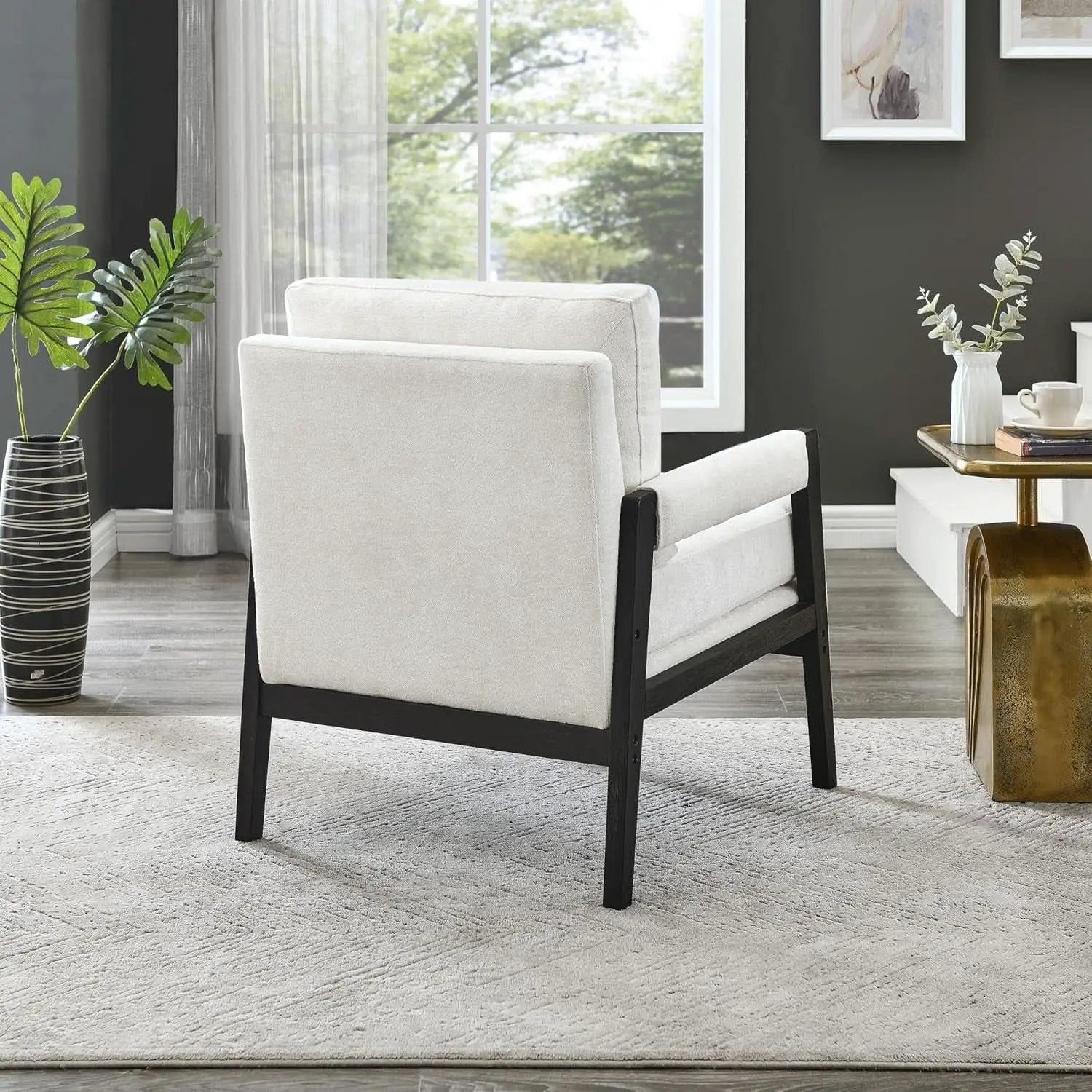 White Chenille Upholstered Mid Century Accent Armchair from PriceLows™