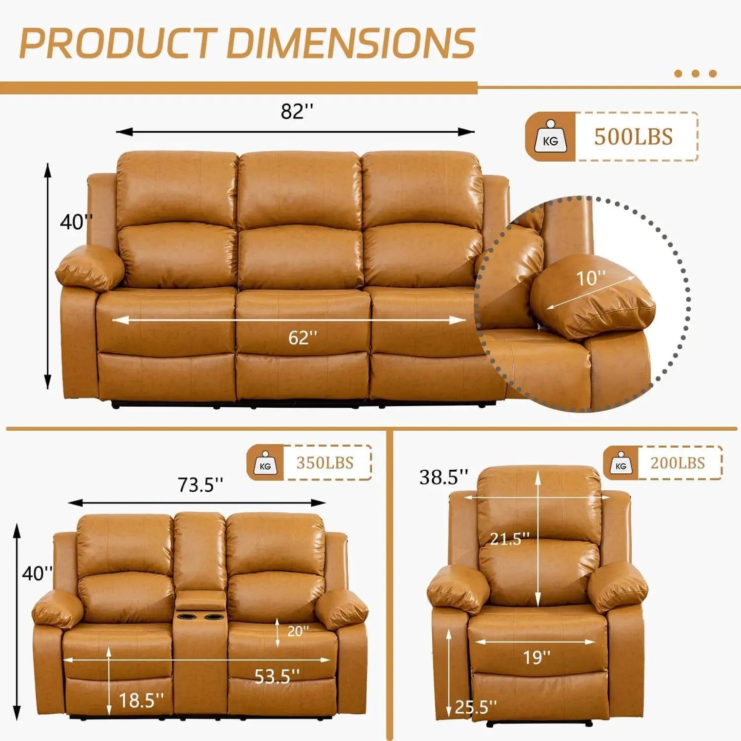 Manual Recliner Sofa Set Ginger Leather With Cup Holder from PriceLows™