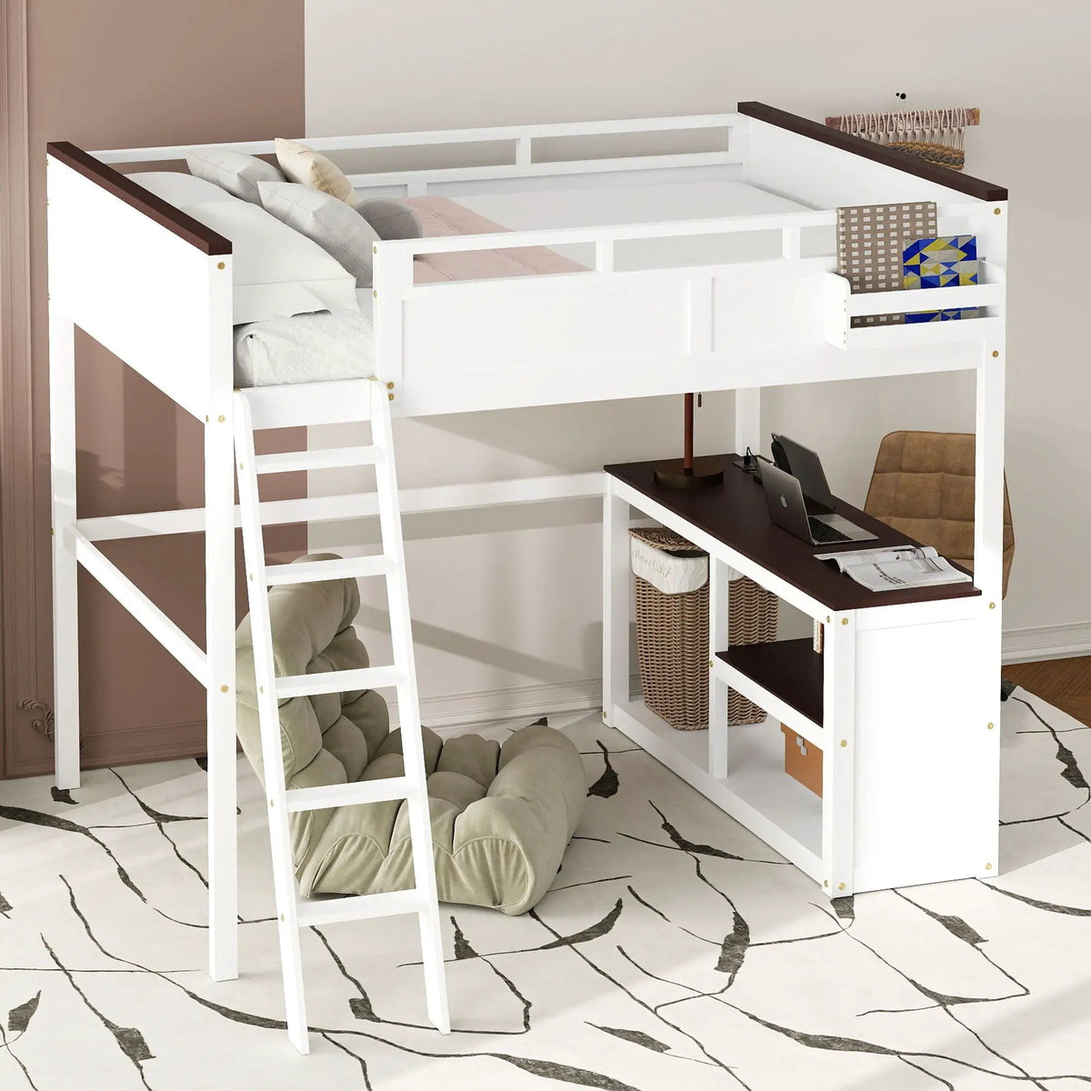 Queen Loft Bed With Desk | White | Open Shelf | USB Charging Station