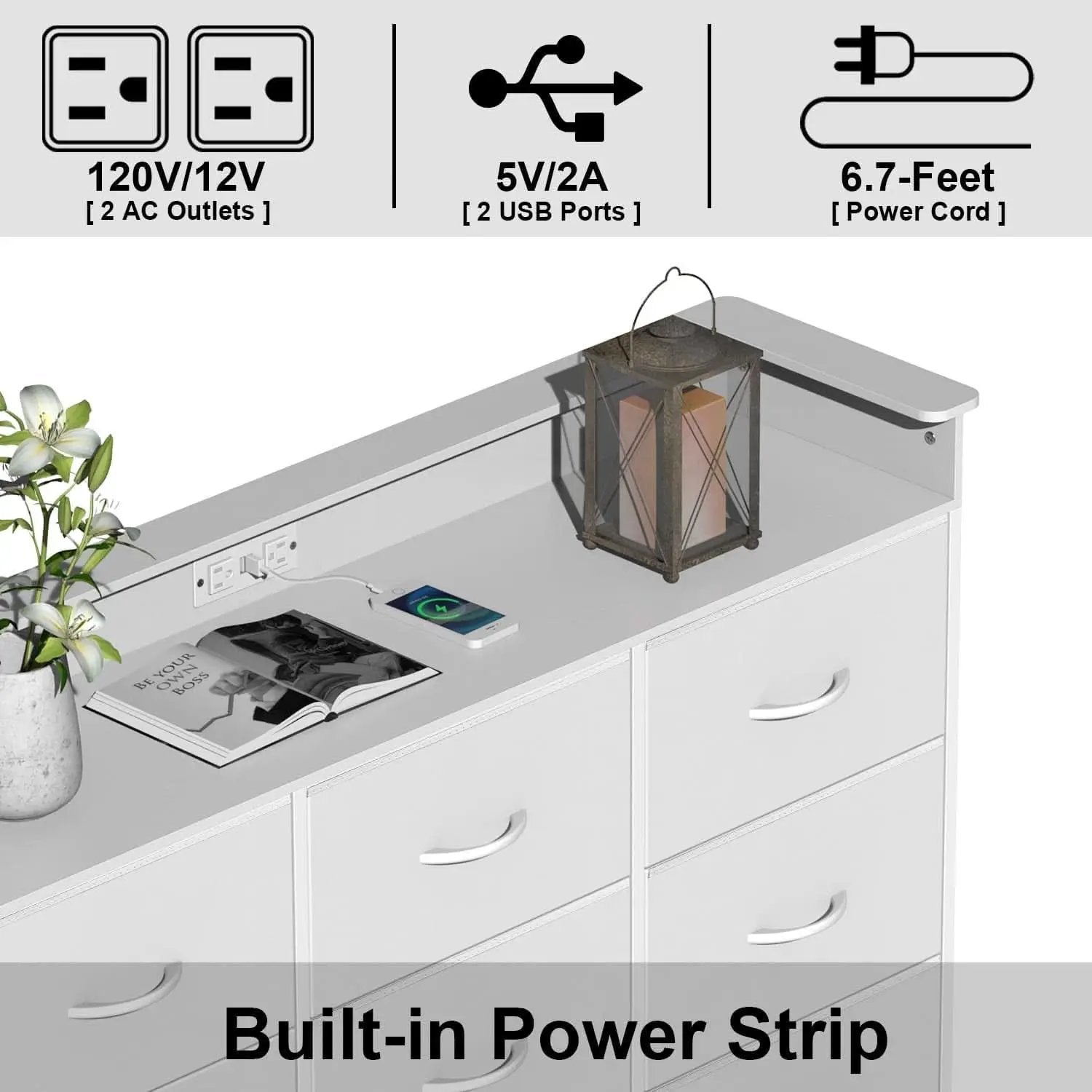 White Dresser With Integrated LED Lighting And Charging from PriceLows™