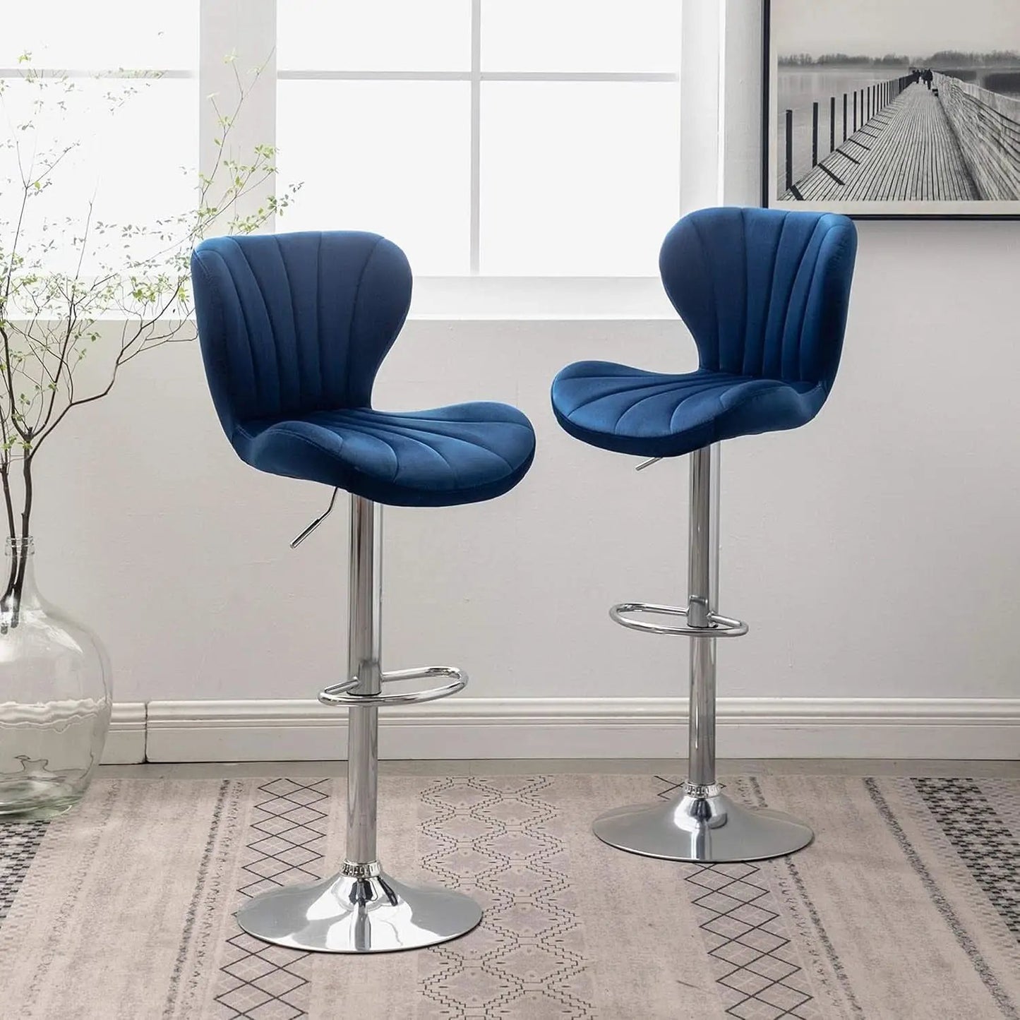 Blue Velvet Adjustable Swivel Bar Stools Set of 2 Modern from PriceLows™