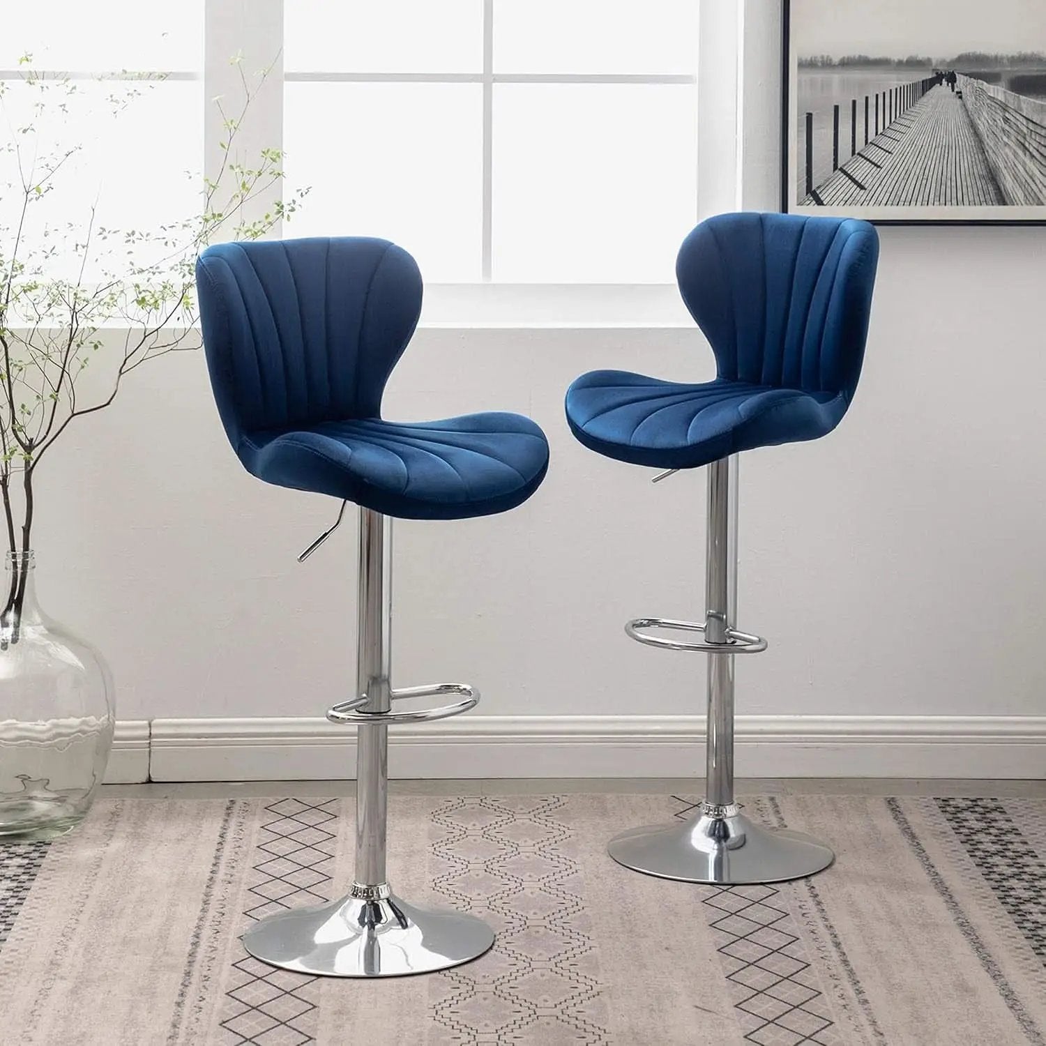 Blue Velvet Adjustable Swivel Bar Stools Set of 2 Modern from PriceLows™