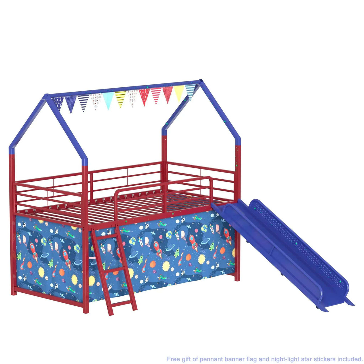 Jack House Loft Bed With Slide And Curtain Set | 5 Pieces | Metal | Bedroom