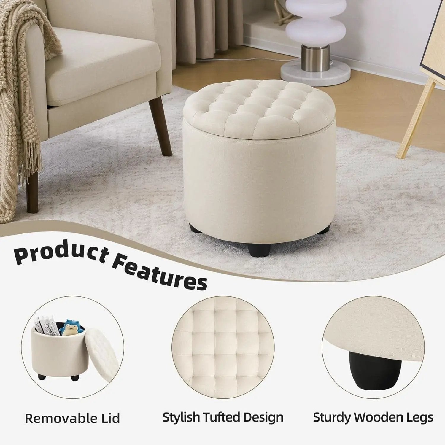 Beige Round Storage Ottoman Featuring Removable Lid from PriceLows™