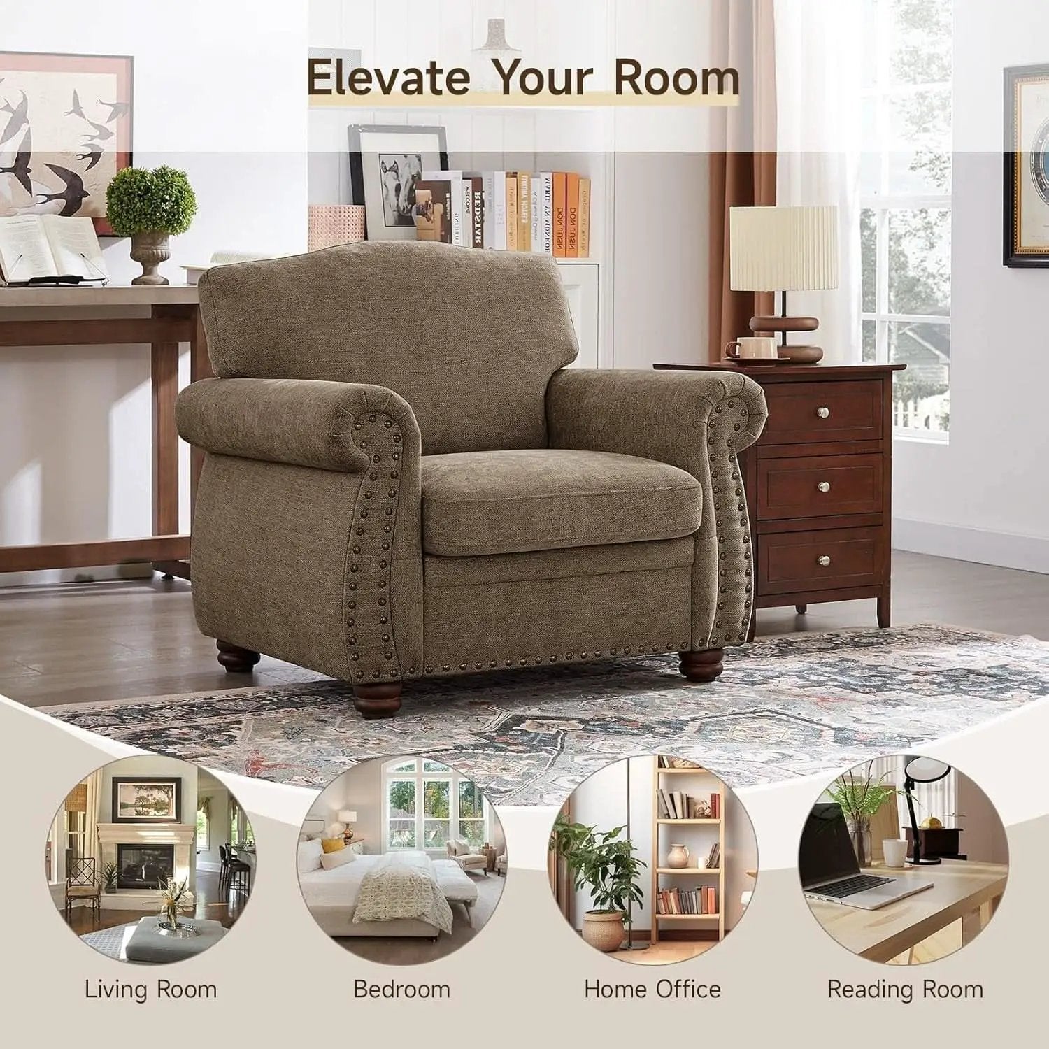 Brown Nailhead Trim Armchair For Living Room Decor from PriceLows™