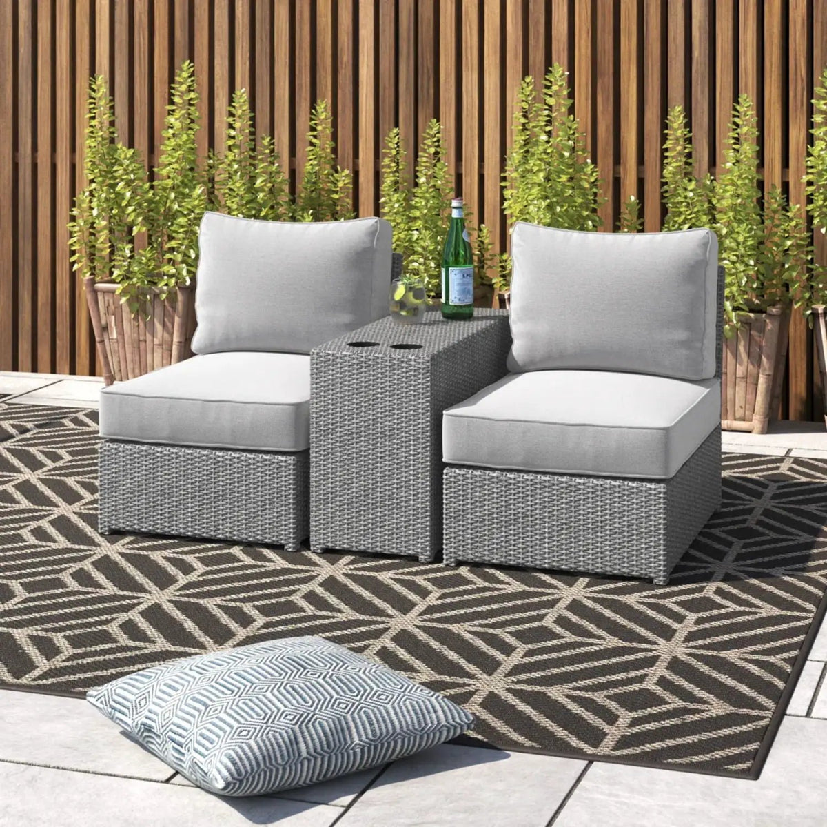 2 Person Wicker Conversation Set | Cushions Included | Integrated Cup Holders | Handwoven HDPE