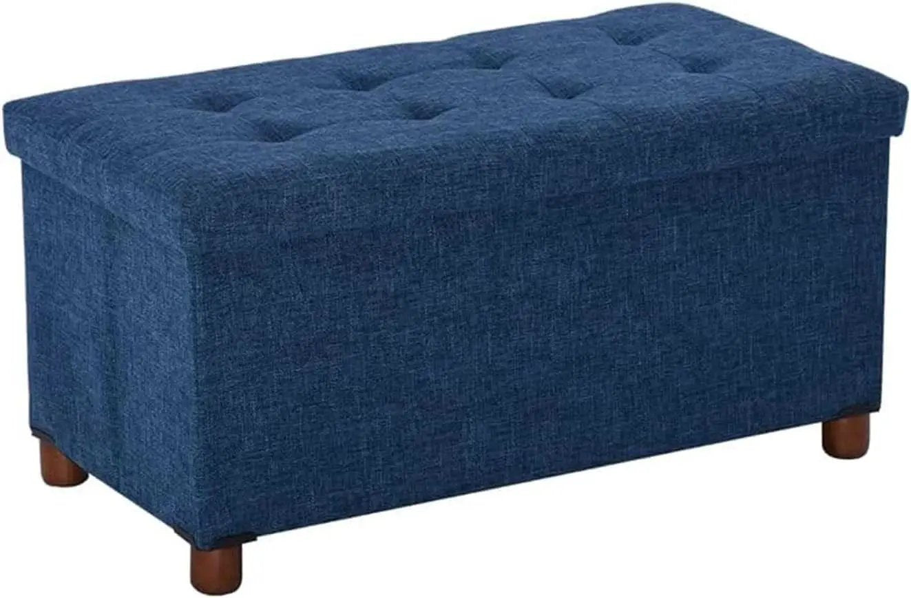 Blue Linen 30-Inch Storage Ottoman Bench Removable Lid from PriceLows™