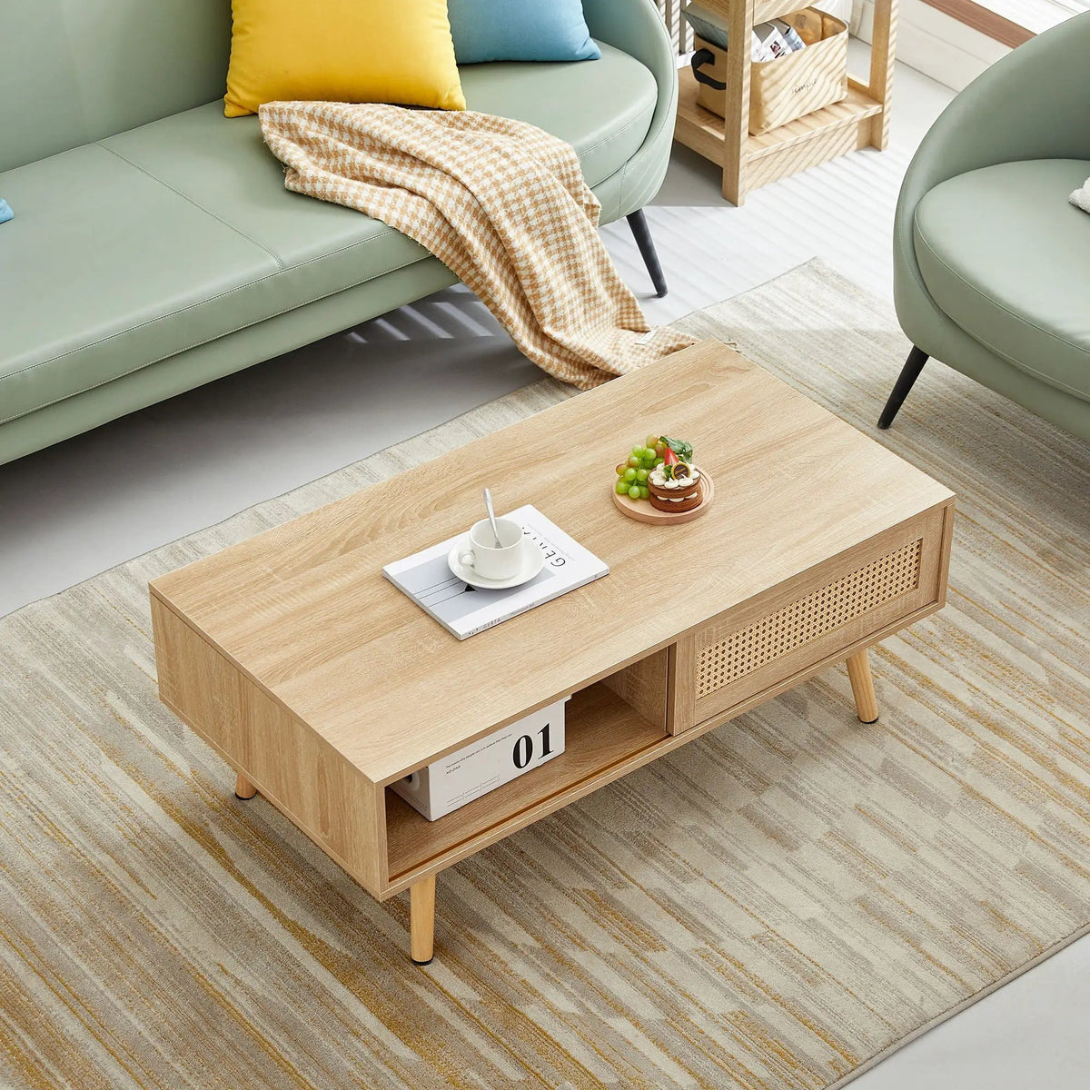 Rattan Coffee Table | 41.34 Inch Width | Sliding Storage Door | Solid Wood Legs