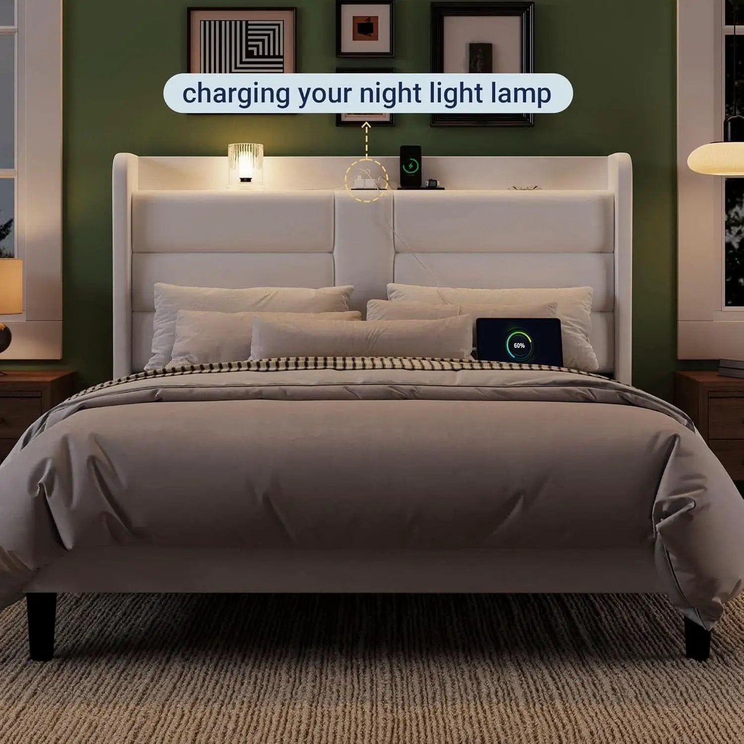 Full Size Platform Bed Frame With USB Charging Station And Storage Headboard from PriceLows™