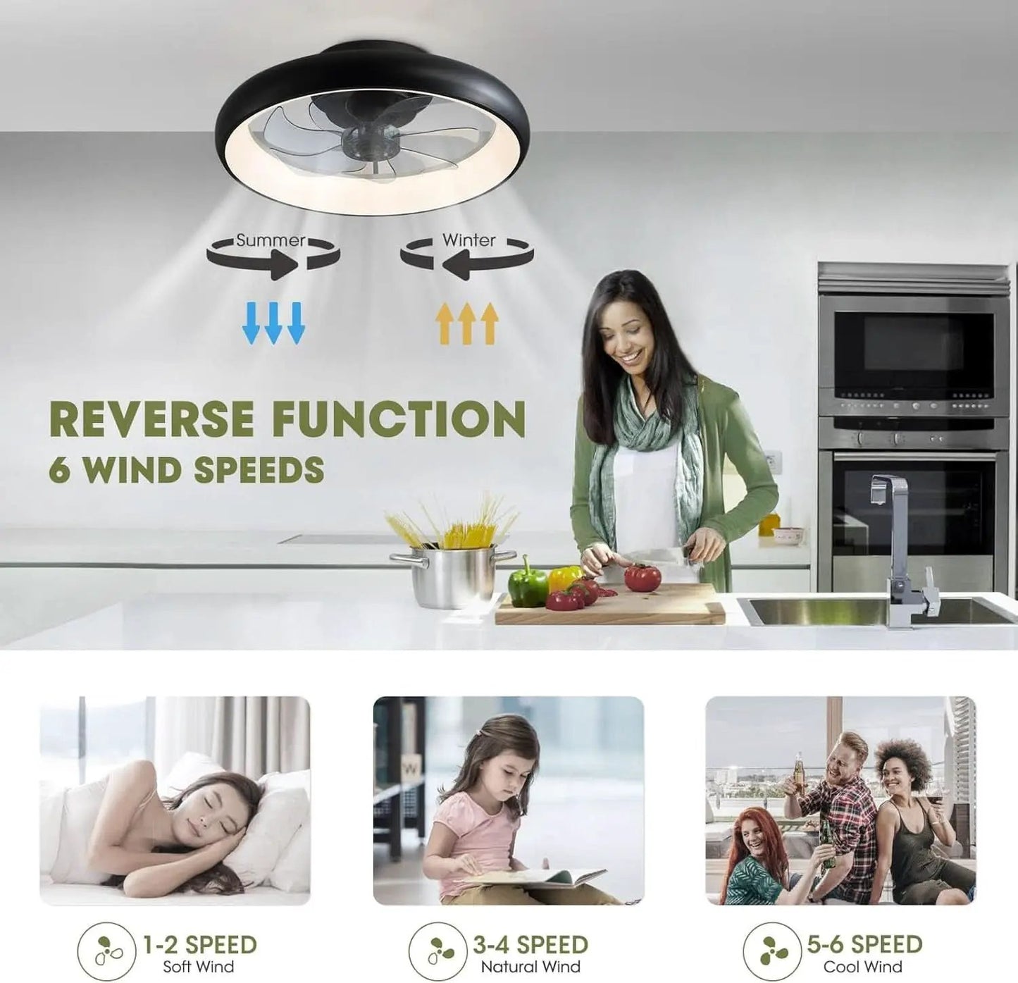 20 Inch Black Flush Mount Smart Ceiling Fan With LED Lights from PriceLows™