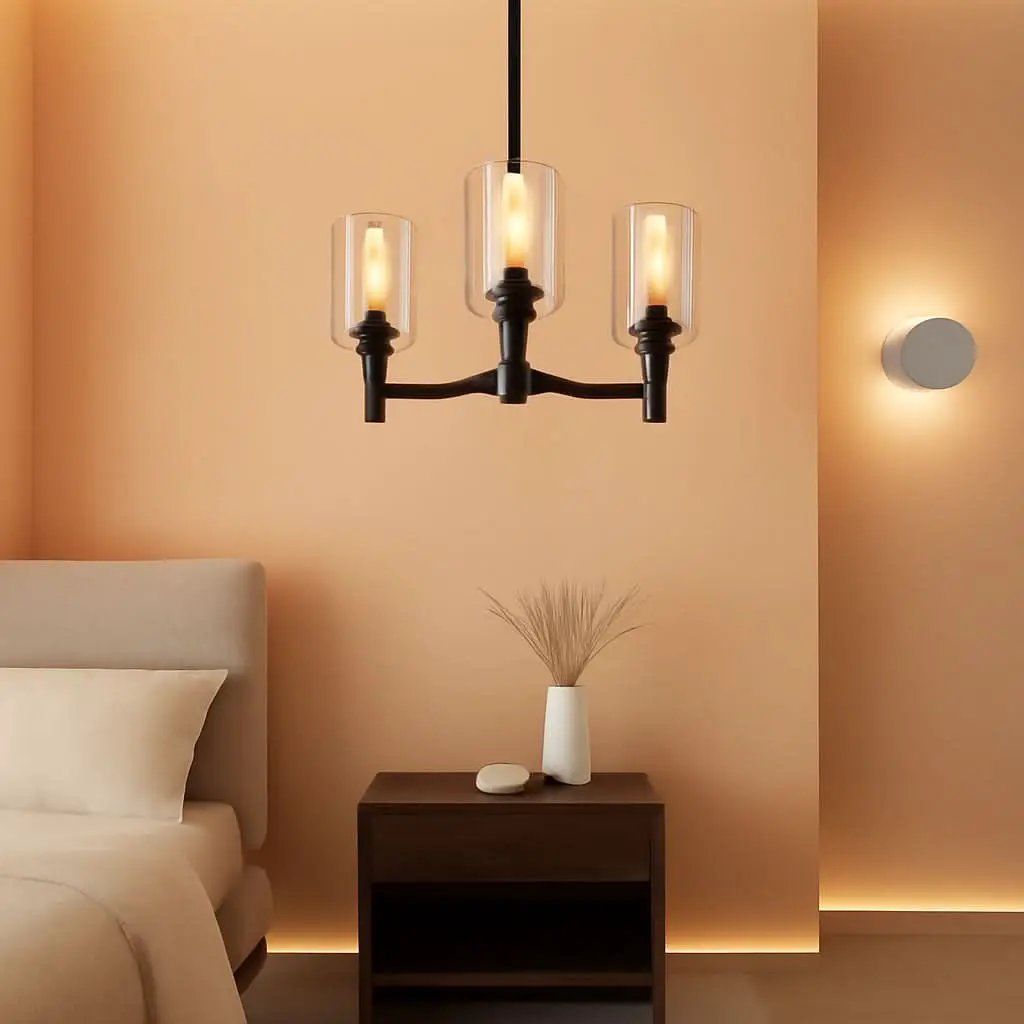 Three Light Black Glass Chandelier For Dining Room And Entryway With Glass Shade from PriceLows™