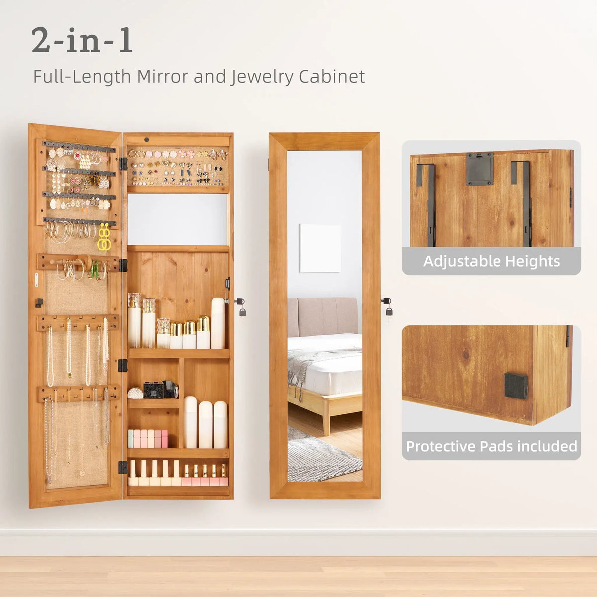 Jewelry Armoire With Full Length Mirror | Lockable Wall Mounted Cabinet | LED Light | Over The Door Use
