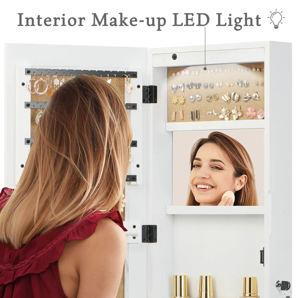 Jewelry Armoire With Full Length Mirror | Lockable Wall Mounted Cabinet | LED Light | Over The Door Use