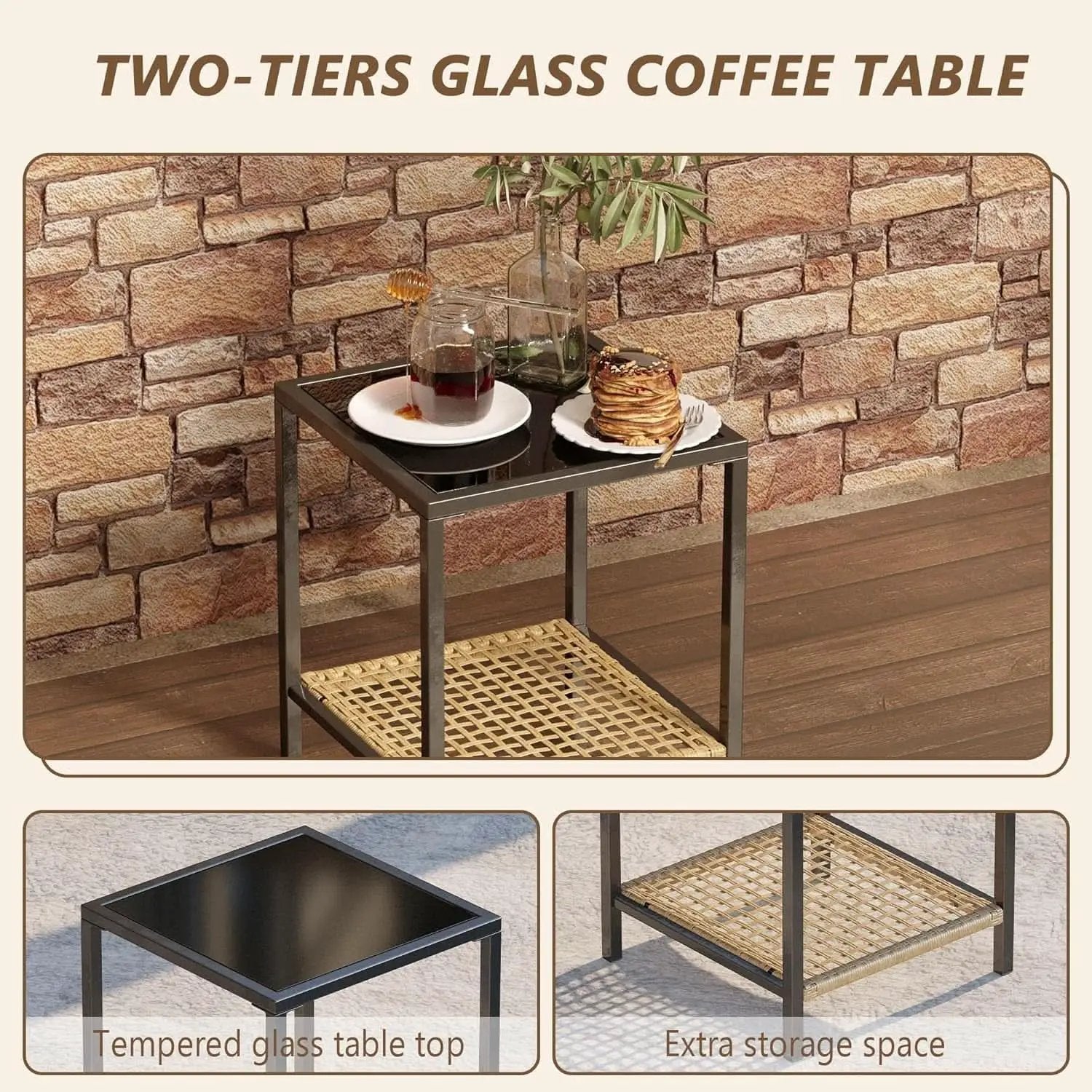 Beige Patio Rocking Chairs Set With Glass Coffee Table from PriceLows™