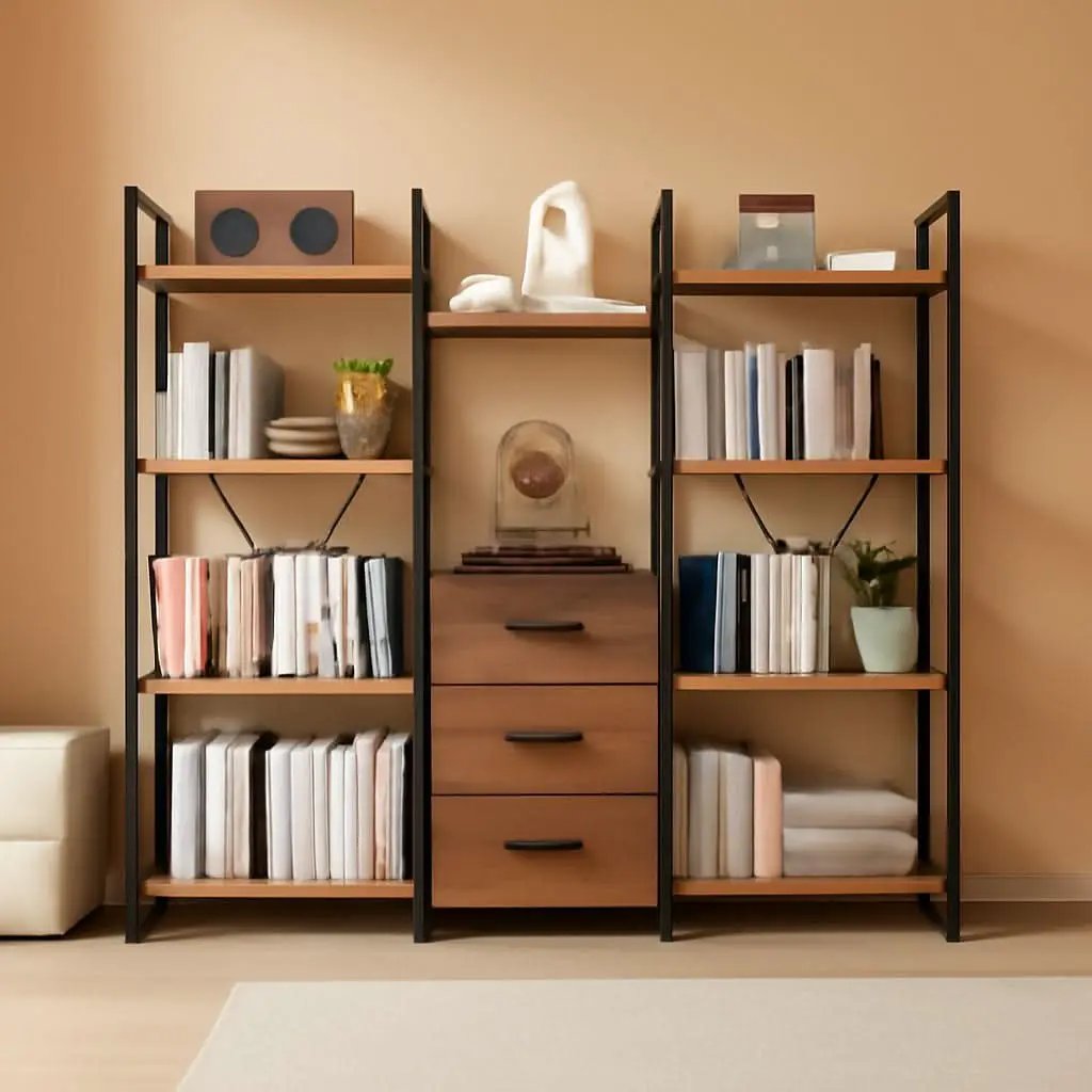 Rustic Brown Triple Bookshelf With Drawers 47 Inch Wide from PriceLows™