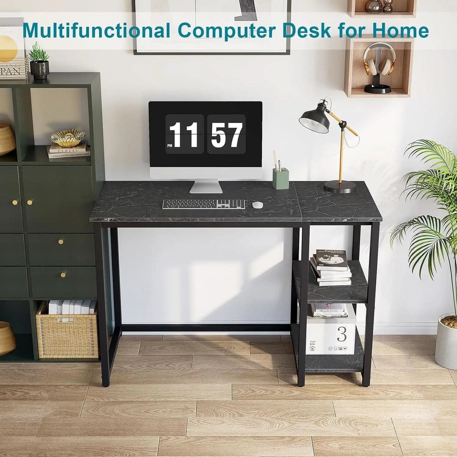 40 Inch Computer Desk With Two Tier Shelves Black Marbling from PriceLows™