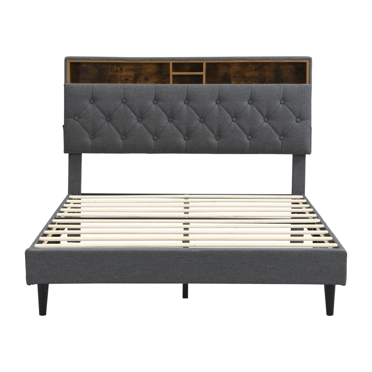 Upholstered Platform Bed Frame | Button Tufted Headboard | Two Storage Compartments | USB Ports And Outlets