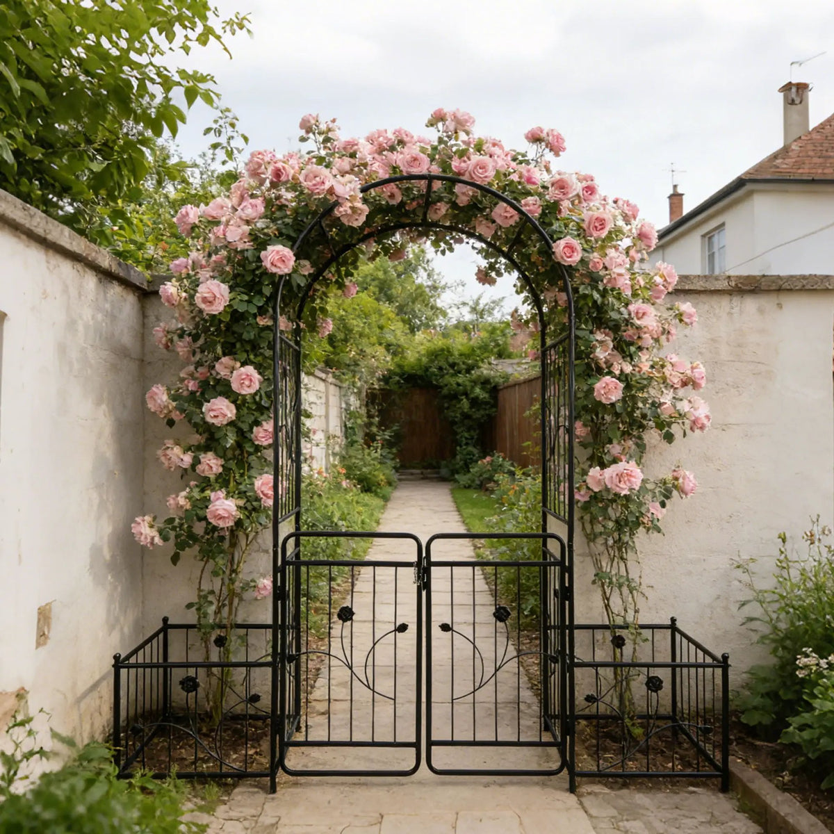 Wide Metal Garden Arch With Gate | Black | 79.5 Inch Width | 86.6 Inch Height