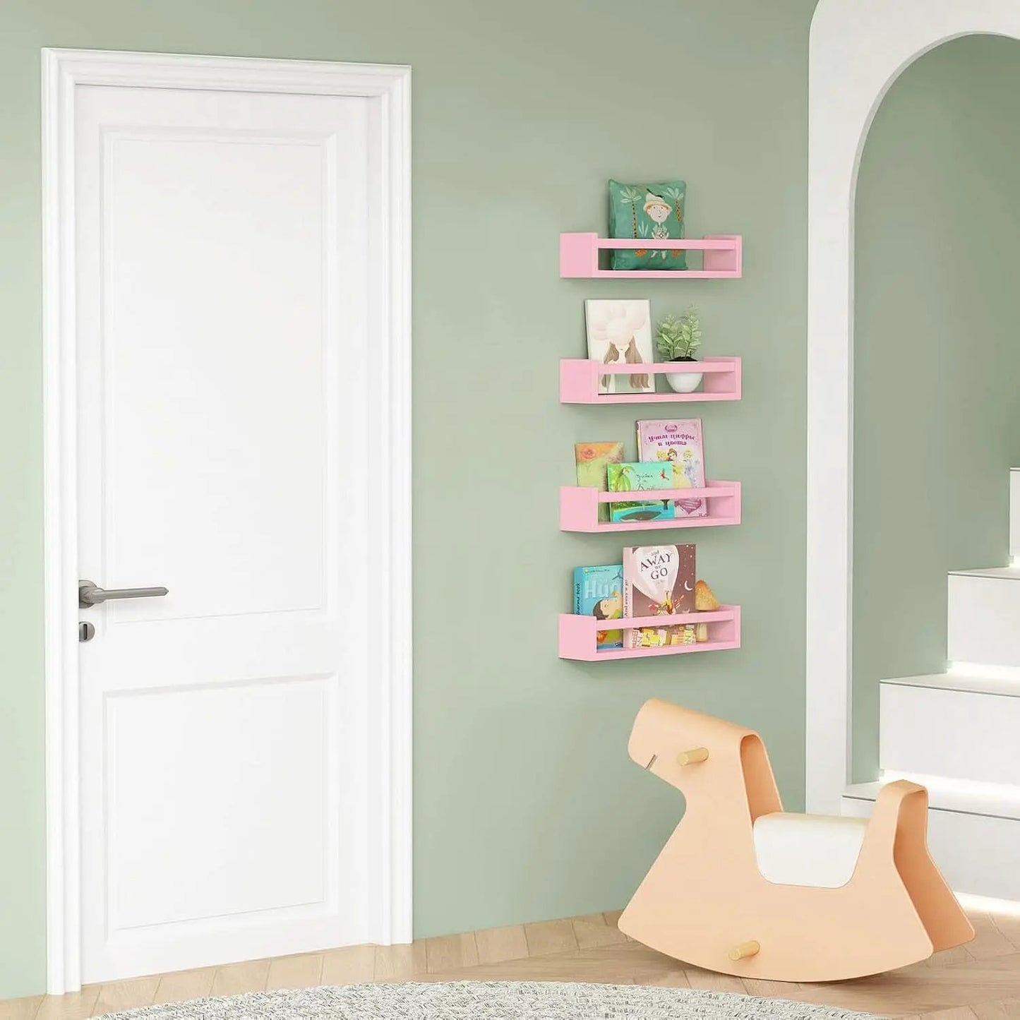 Pink Floating Wall Shelves Set Of 4 Wooden Bookshelves from PriceLows™