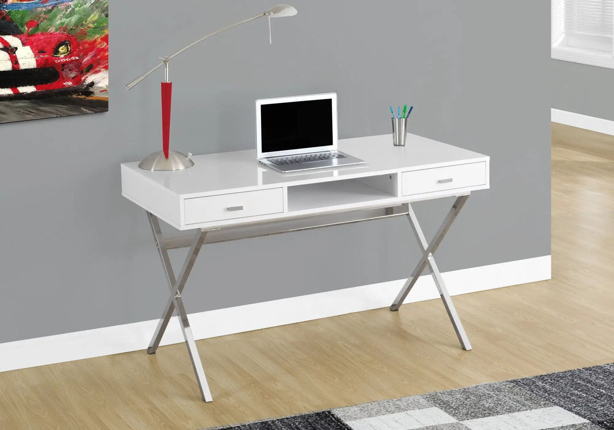 Glossy Contemporary Computer Desk | Thick Panel Tabletop | Storage Drawers | 29.25 Inch Height