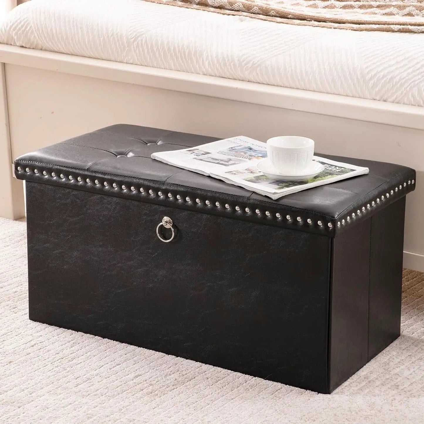 Faux Leather Folding Storage Ottoman 30 Inch Size Black from PriceLows™