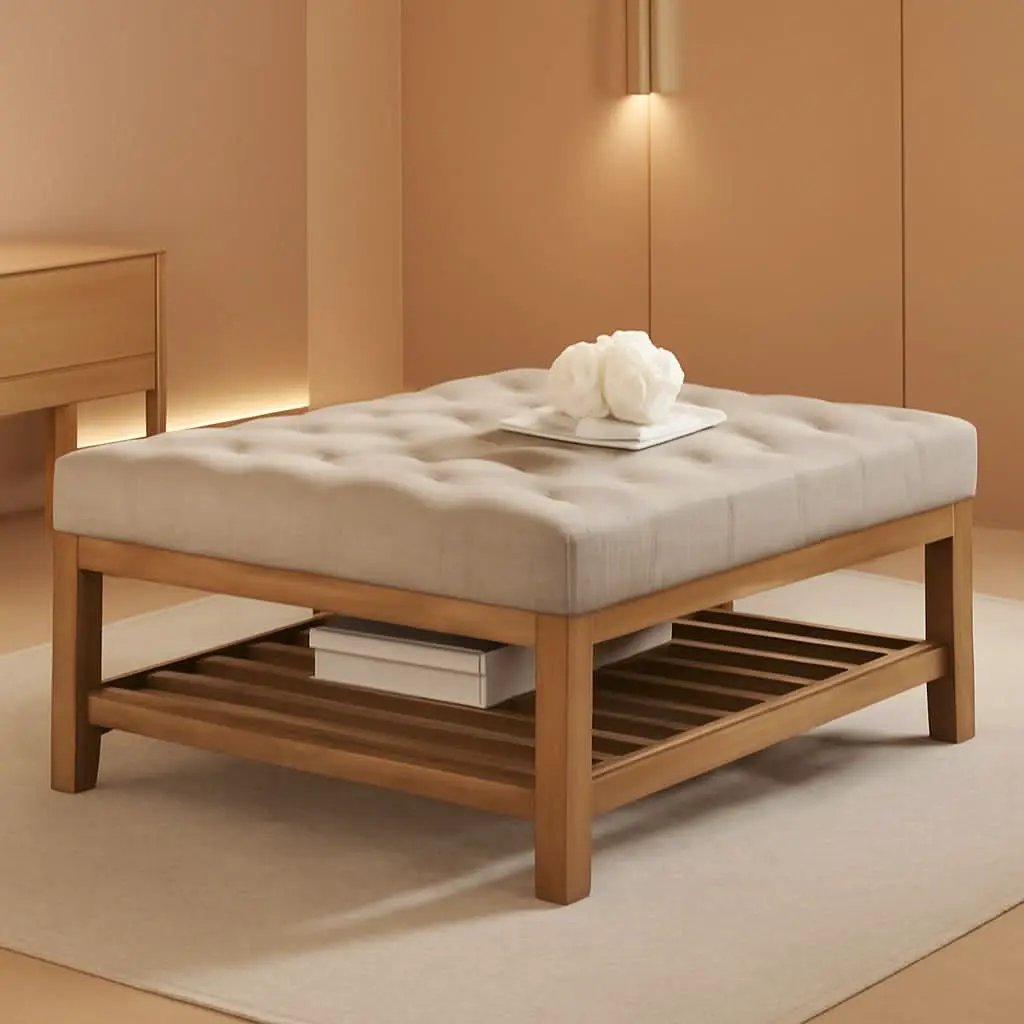 Large Upholstered Tufted Linen Ottoman Coffee Table from PriceLows™
