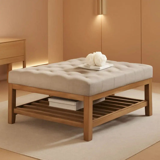 Large Upholstered Tufted Linen Ottoman Coffee Table from PriceLows™