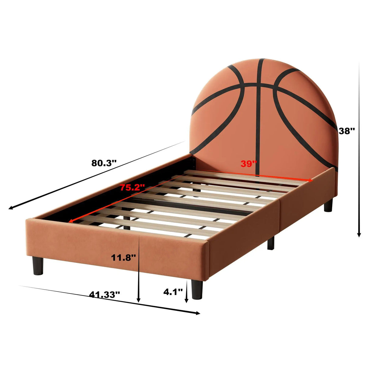 Twin Platform Bed | Basketball Headboard | Orange | Velvet Upholstery