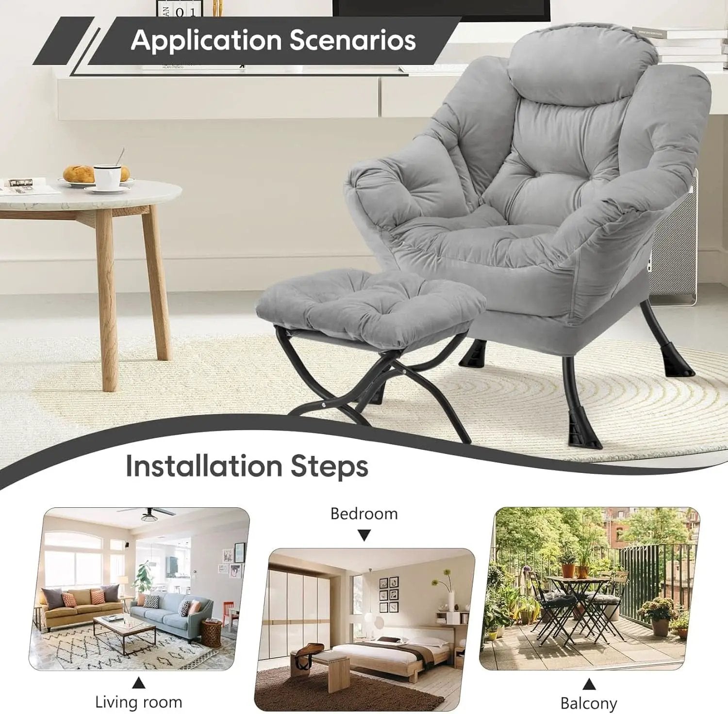 Large Light Gray Upholstered Armchair Folding Ottoman from PriceLows™