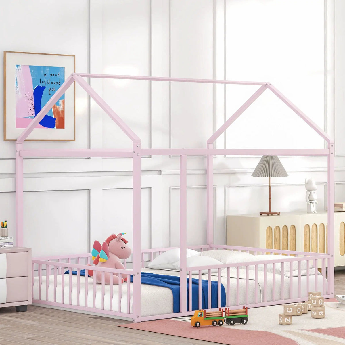 Kids Metal Bed Frame | Roof And Side Fence | Semi Enclosed Space | Three Colors