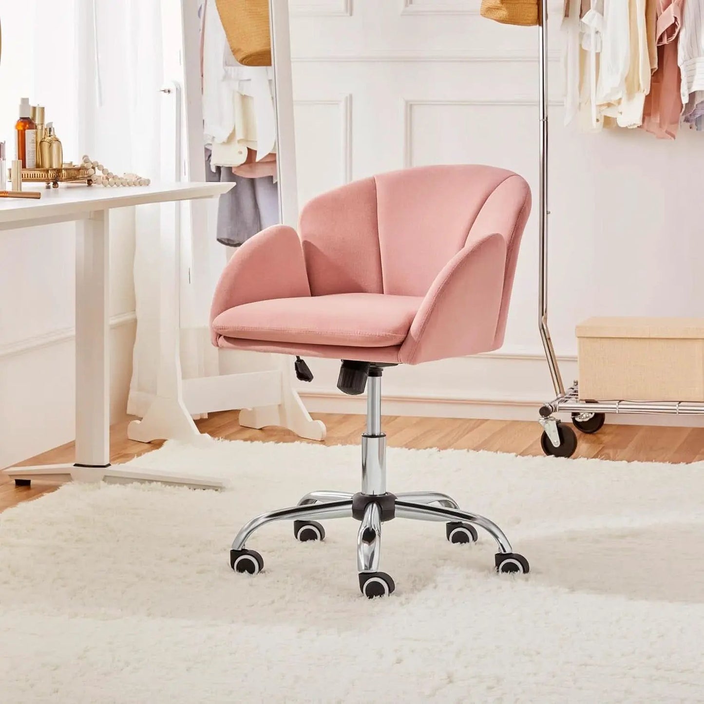 Pink Velvet Desk Chair With Wheels And Armrests Swivel Office Chair from PriceLows™