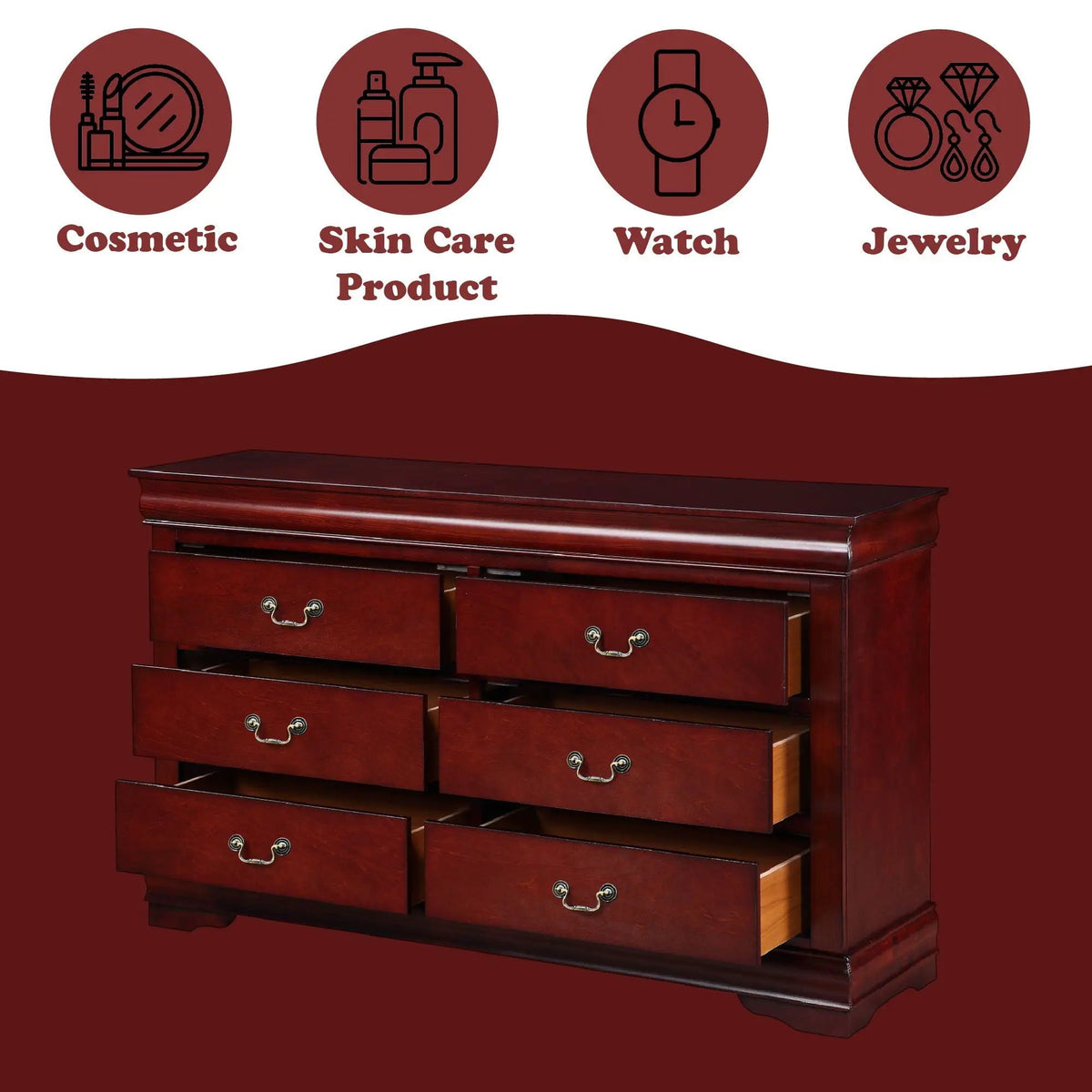 Louis Philippe Bedroom Dresser | Six Drawers | Sleek Design | 57 Inch Width