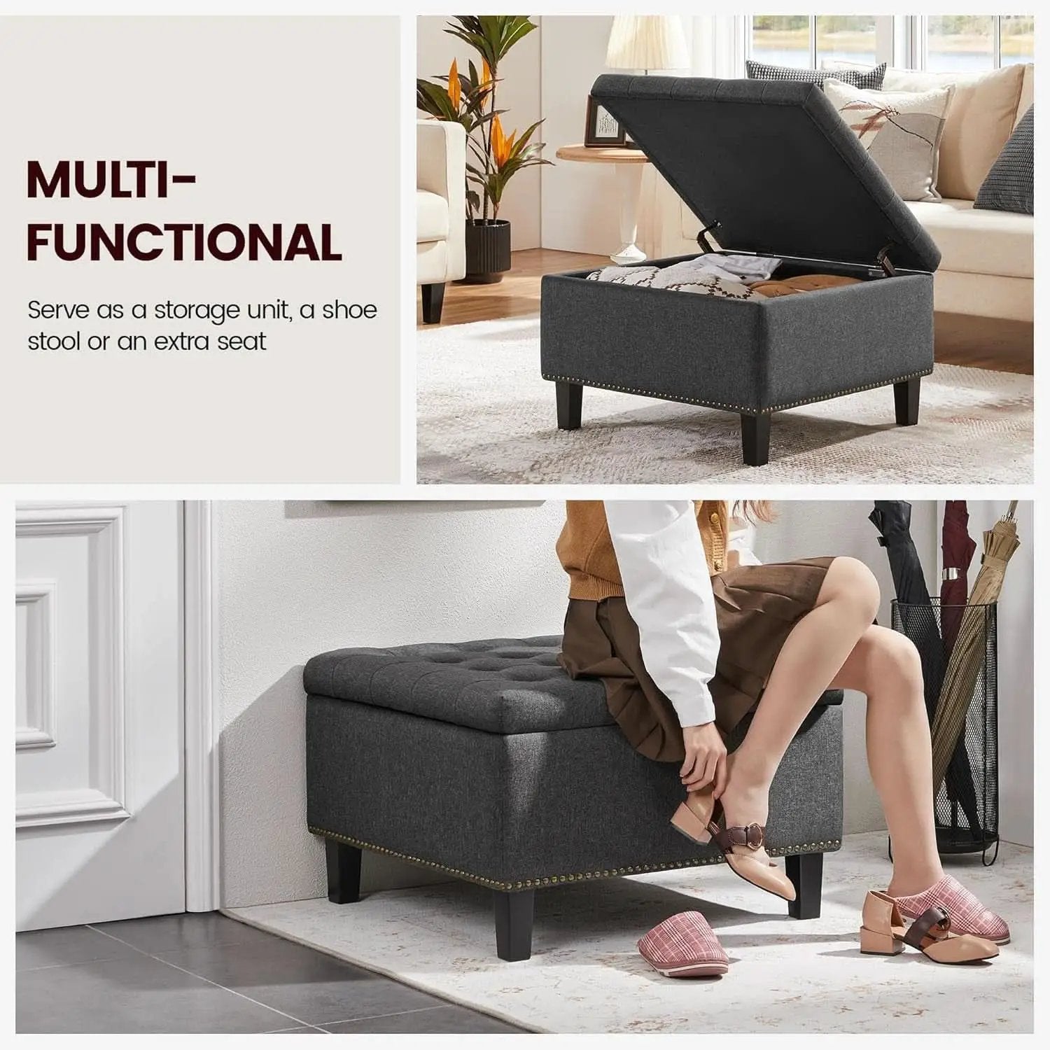 28 Inch Entryway Ottoman Bench Charcoal With Storage from PriceLows™