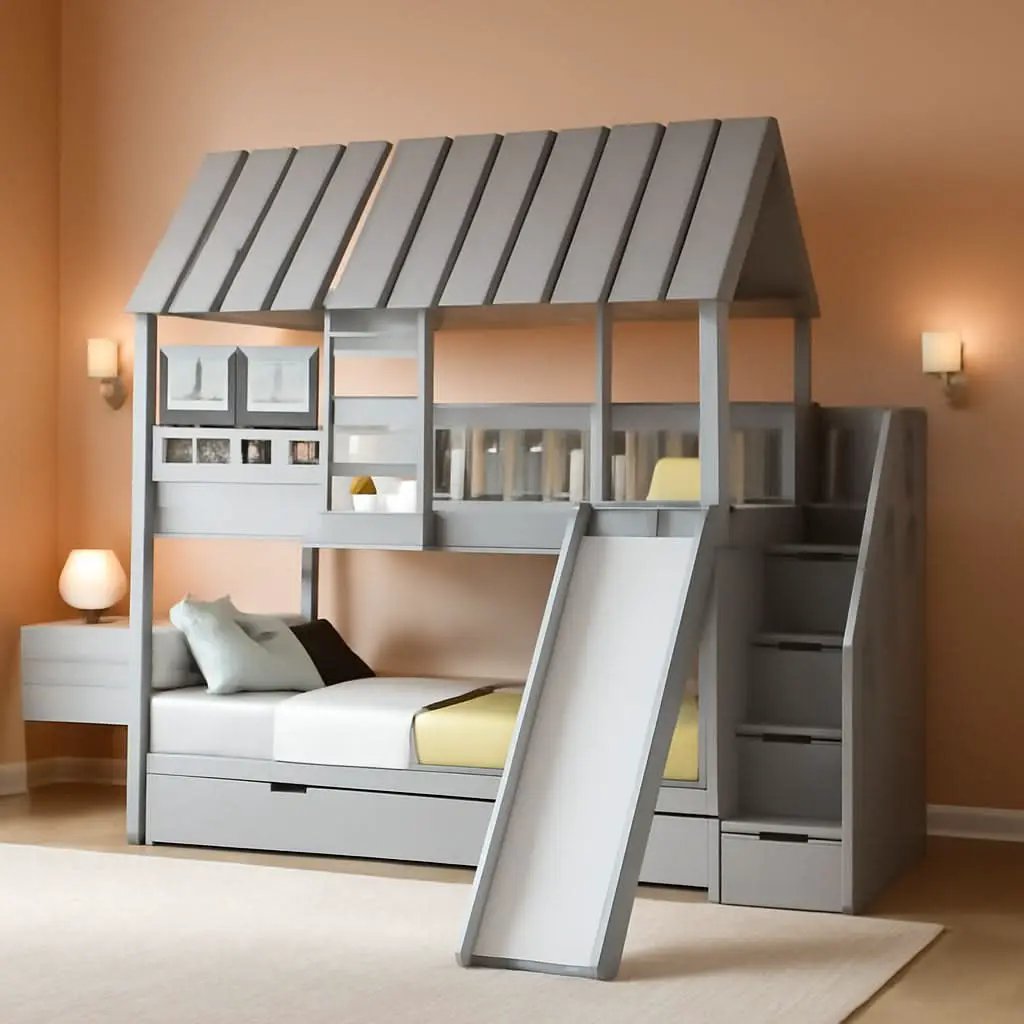 Twin Over Twin Bunk Bed With Slide For Kids Room Decor from PriceLows™