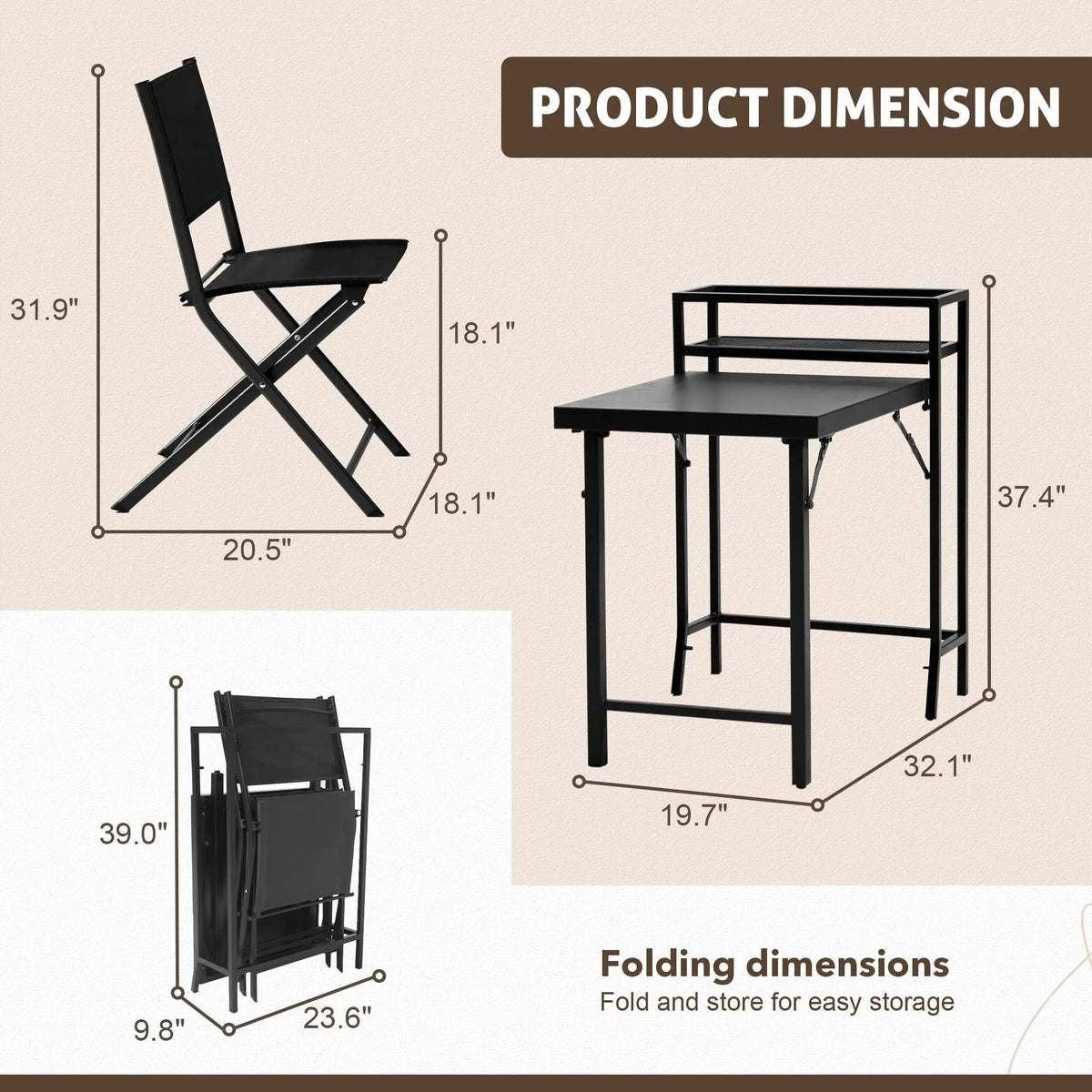 3-Piece Patio Bistro Set | Foldable Table And Chairs | Powder-Coated Steel Frame | Sling Chairs