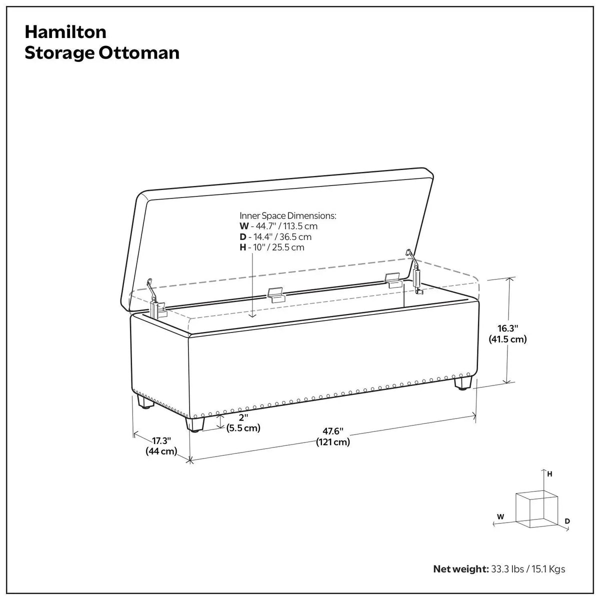 Hamilton Upholstered Storage Ottoman | Child Safety Hinge | Large Interior Storage | 47.6 Inch Length