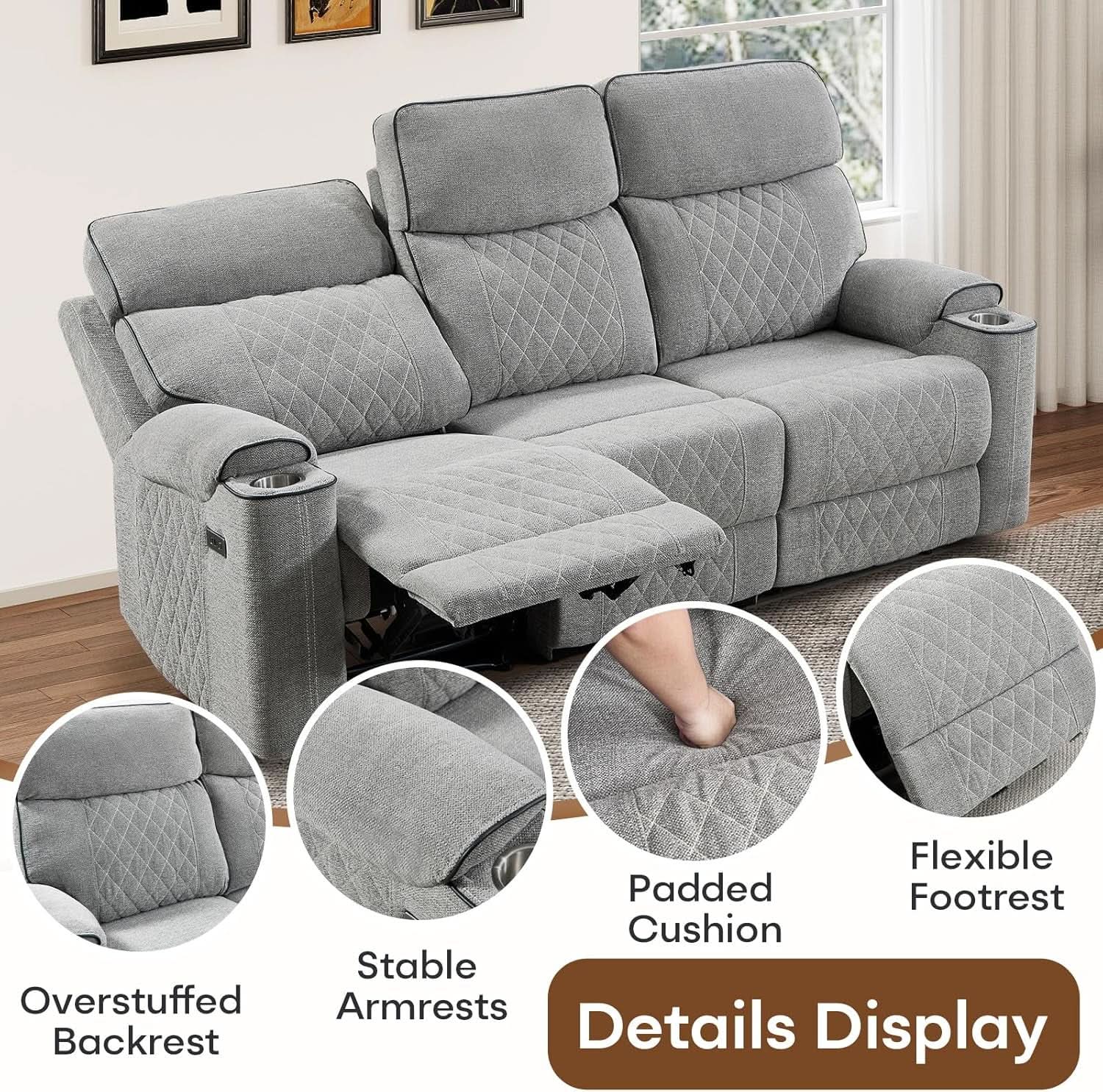 Electric Recliner Sofa USB Type C Ports Light Grey from PriceLows™