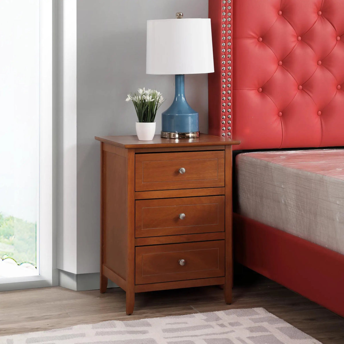 Nightstand | 3 Drawer | Real Wood Veneer | Nickel Hardware