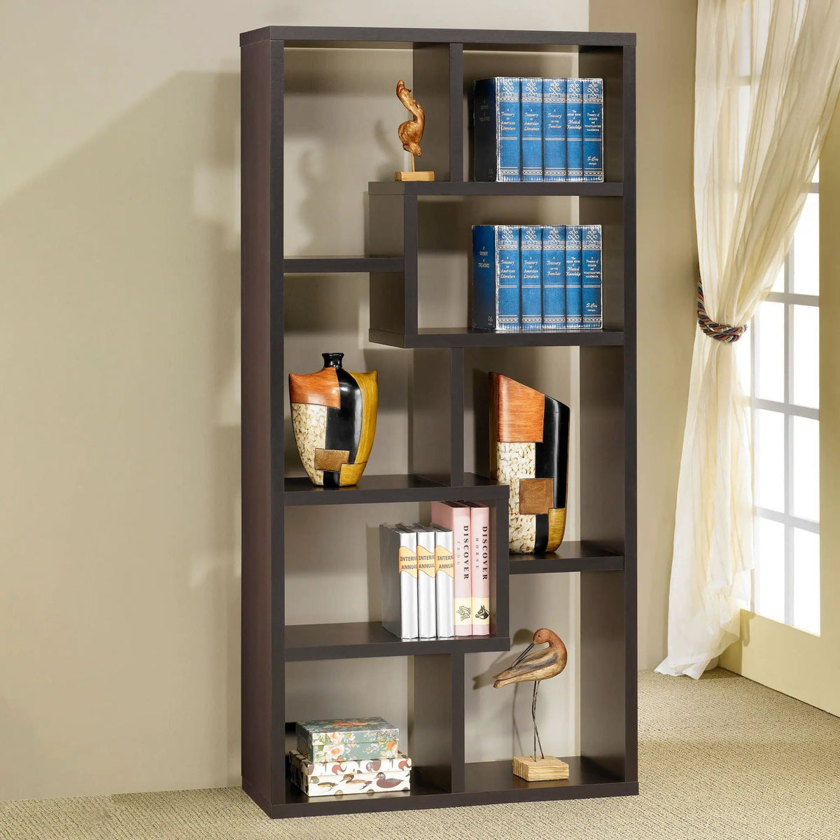 Theo 71-inch 6-shelf Bookshelf Standard Bookcase | 35 x 11.75 x 70.75 in | Engineered Wood & Veneer | Cappuccino