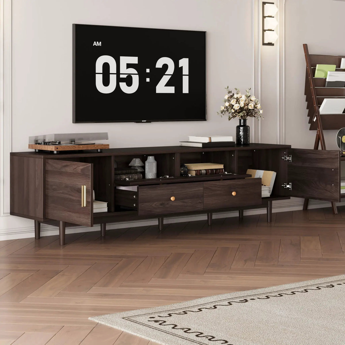 TV Stand With Drawers | Rattan Accents | Two Drop-Down Doors | Dark Brown Entertainment Center