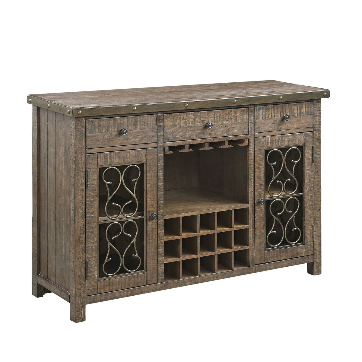 Raphaela Server With Cup Holder & Wine Rack | 18 x 56 x 36 in | Metal | Cherry