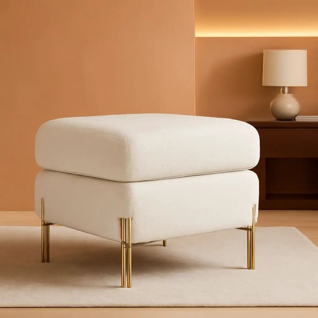 Oversized Off white Bouclé Fabric Ottoman With Metal Legs from PriceLows™