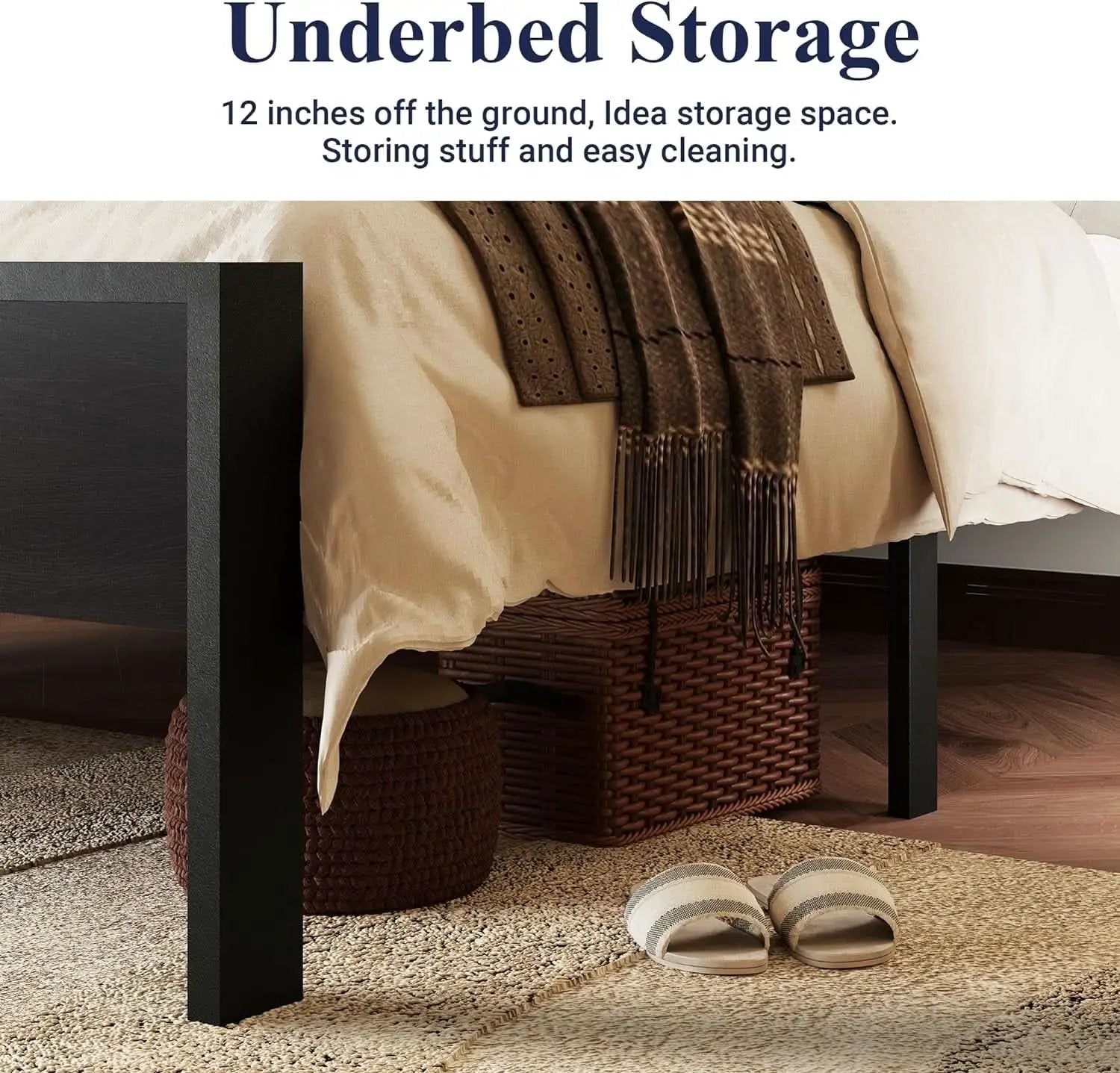 Queen Platform Bed Frame With Wooden Headboard And Footboard Black Oak from PriceLows™