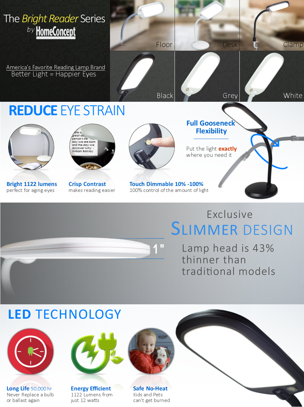Desk Lamp | Full Spectrum Led Reading | 26 Inch Height | Black
