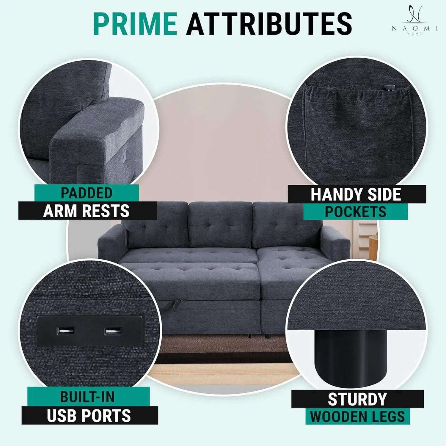Gray Microfiber L Shape Sleeper Sofa With USB Ports Storage from PriceLows™