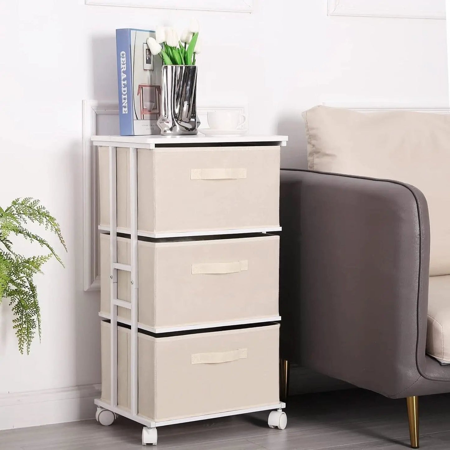 Beige Dresser Tower With 3 Drawers And Wood Top Fabric from PriceLows™