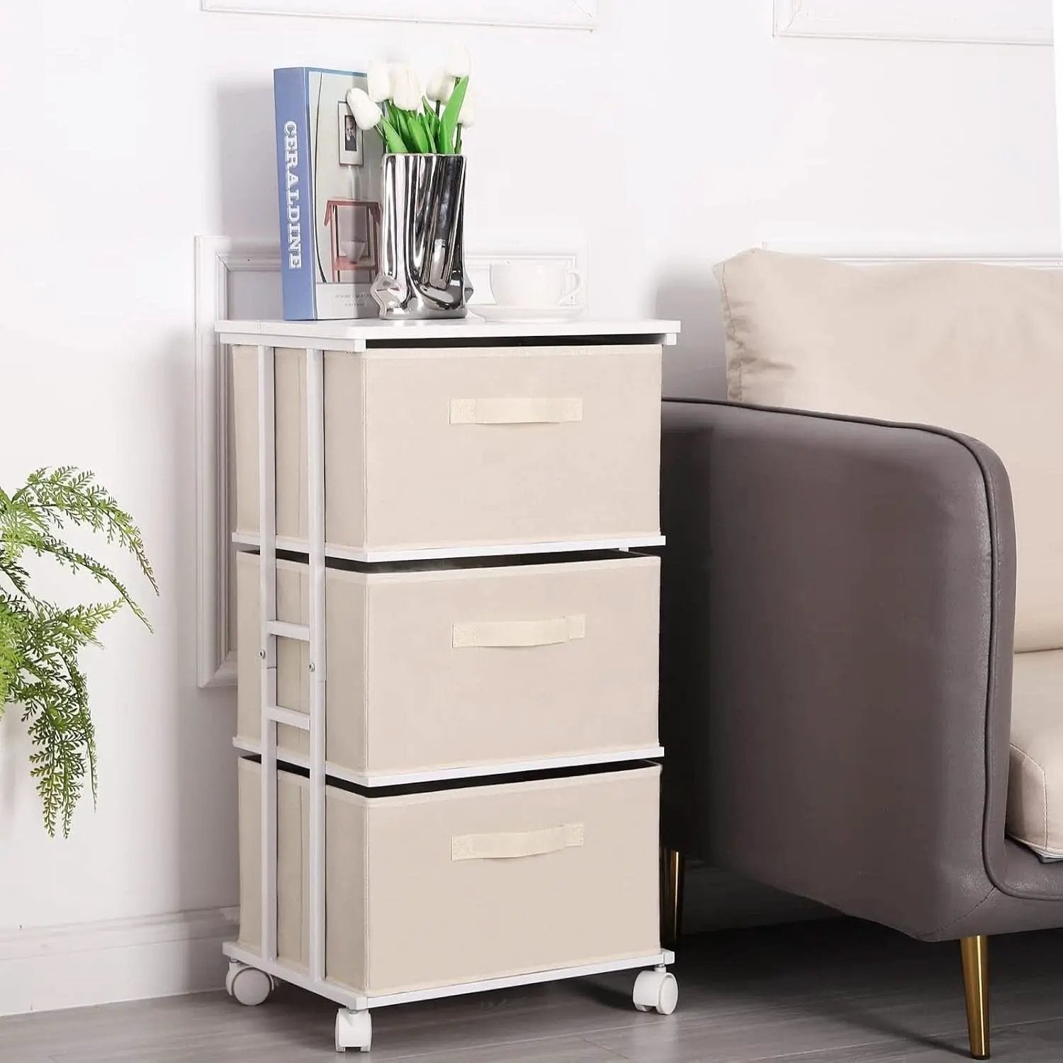 Beige Dresser Tower With 3 Drawers And Wood Top Fabric from PriceLows™